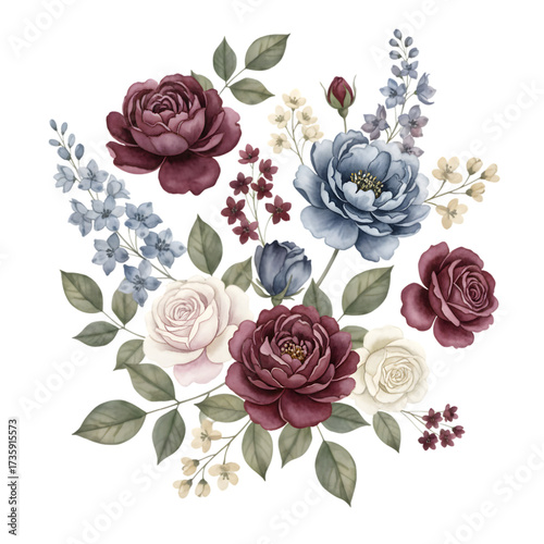 A lush floral arrangement featuring deep red soft white and dusty blue roses with delicate foliage