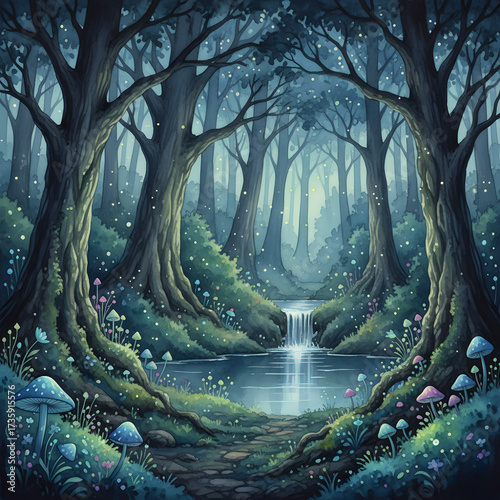 Enchanted forest with glowing mushrooms trees and a waterfall leading to a tranquil pool