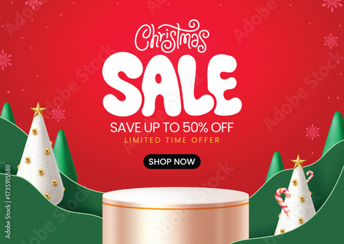 Christmas Sale banner design with bold SALE text, discount offer, podium display, Christmas trees, and festive ornaments on red background. Perfect for marketing, social media, and promotions.