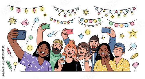 A diverse group of happy young friends taking a fun selfie together a colorful hand-drawn illustration.