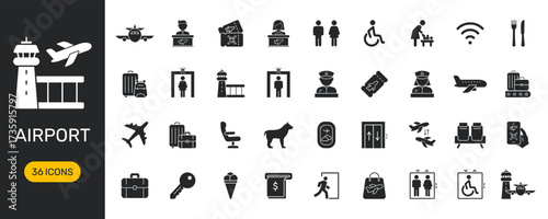 Airport And Travel Icon Set. Comprehensive Collection Silhouette Symbols For Aviation, Security, And Passenger Services. Includes Airplanes, Luggage, And Facilities. Isolated Vector Illustration
