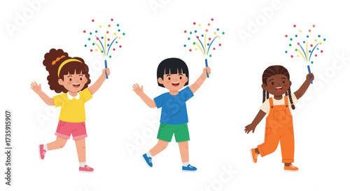 Three Cheerful Children Holding Sparklers Celebrating Joyfully.