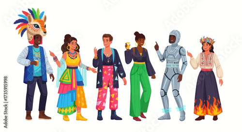 Group of six diverse characters in cultural modern fantasy and futuristic robot costumes standing together.