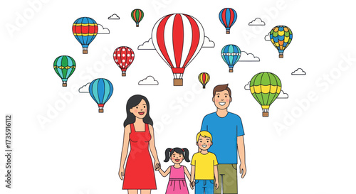 Happy Family with Children Watching Colorful Hot Air Balloons Illustration.