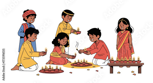 Children celebrating Diwali with diyas wearing traditional Indian clothing and lighting candles.