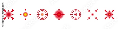 Red Pain Pulse and Target Indicator Icon Set. Body Ache Direction Arrows, Electric Shock and Health Discomfort Spot Markers Symbol Collection. Isolated Vector Illustration