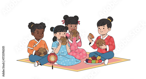 Four young girls enjoying mooncakes and lantern during a festive gathering.
