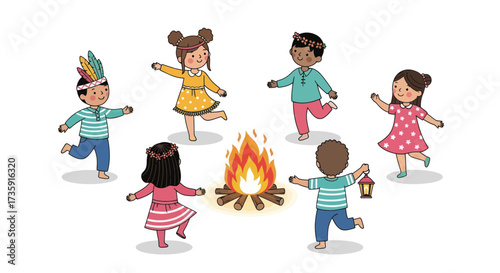 A diverse group of cartoon children happily dancing in a circle around a campfire.