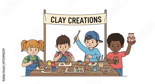 Children at a Clay Creations Stand crafting pottery and showing their artwork.