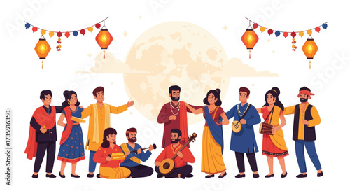 Diverse Group of Indian People in Traditional Attire Celebrating with Musical Instruments.