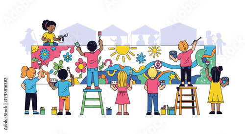 Diverse group of children collaboratively painting a vibrant mural on a long wall.
