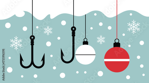 Winter fishing theme with hooks and christmas ornaments hanging against a snowy background scene design