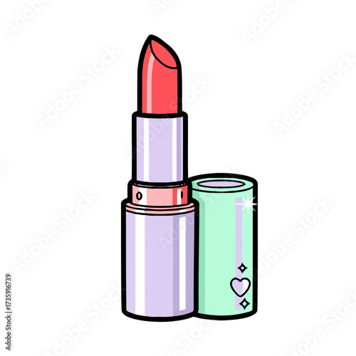Vibrant pink lipstick with detached mint green cap decorated with hearts and sparkles