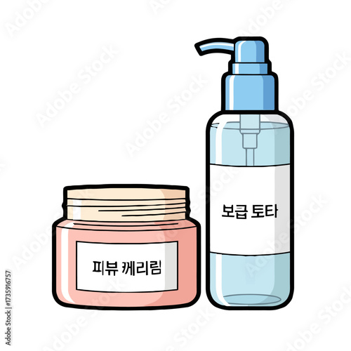 Skincare products including jar cream and pump bottle with korean text, isolated on transparent
