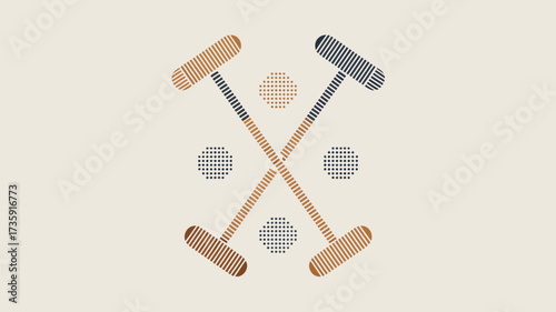 A minimalist illustration of crossed polo mallets with dotted circles on a cream colored background