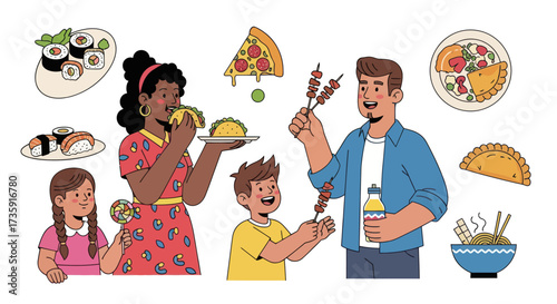 Diverse Family Enjoying a Variety of Delicious Foods Together.
