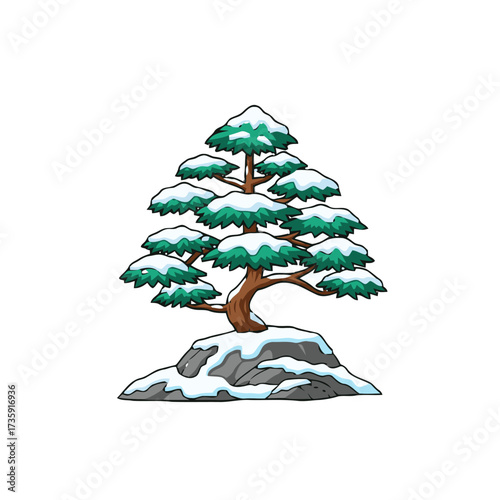 Stylized pine tree covered in snow, situated on rocky base, isolated on transparent