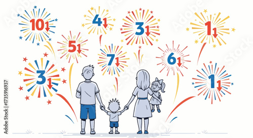 Family Watching Fireworks Display with Numbers Celebrating New Year or Holiday Event.