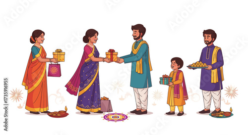 Indian Family Exchanging Gifts During Diwali Celebration Wearing Traditional Clothing.
