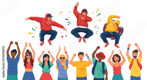 Diverse Group of Cheerful People Jumping and Celebrating Together.