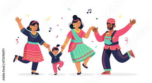 Diverse family joyfully dancing in traditional colorful attire celebrating cultural heritage.
