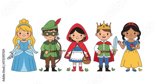 Adorable cartoon fairy tale characters: princess archer Red Riding Hood prince Snow White.