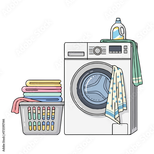 Washing machine with laundry basket folded clothes and bottle detergent