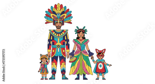 Colorful Family in Elaborate Festival Costumes Standing Together.