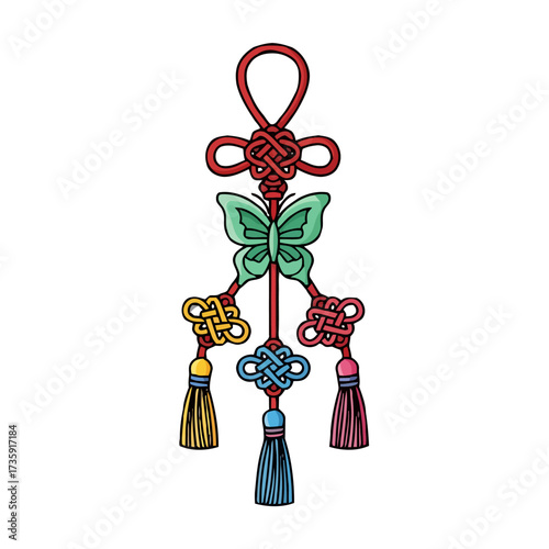 Traditional korean knot ornament with butterfly and tassels, symbolizing good luck and prosperity