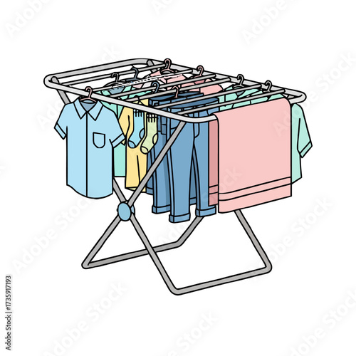 Clothes drying rack with various garments neatly hung, including shirts, pants, and towels