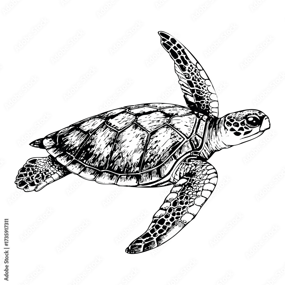 Fototapeta premium Sea turtle swimming illustration in vintage monochrome sketch style