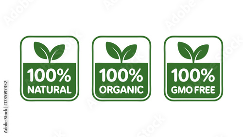 100% Natural Organic GMO Free Green Square Vector Icon Set - Eco-Friendly Food and Health Product Badges