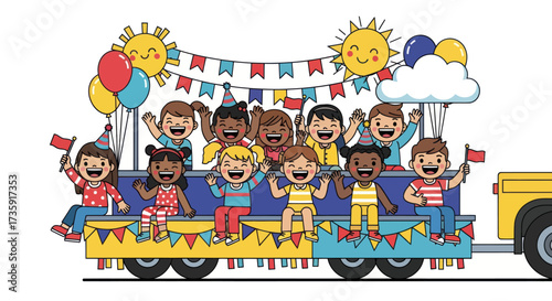 Diverse group of happy children celebrating on a colorful parade float with balloons and flags.