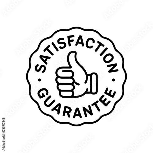 Satisfaction Guarantee Black Line Wavy Round Stamp Vector - Thumbs Up Customer Service Assurance Icon