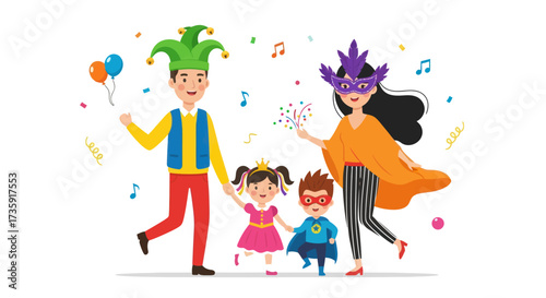 Family in Festive Costumes Celebrating a Carnival or Party.