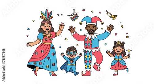 Joyful diverse family of four celebrating in colorful jester princess and superhero costumes.
