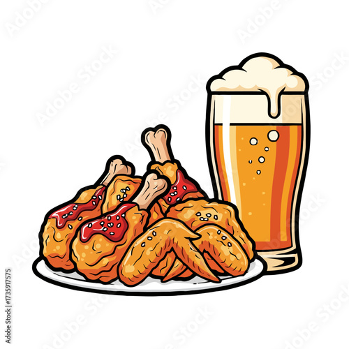 Plate crispy fried chicken drumsticks and wings served with tall glass golden beer, pub food, appetizer