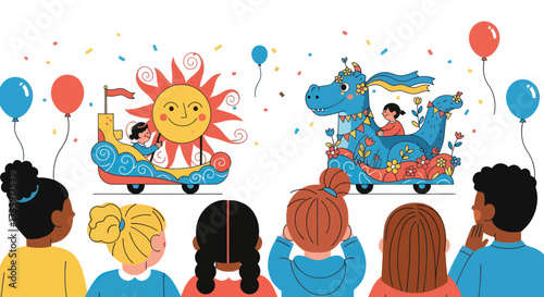 Children watching colorful parade floats featuring a sun and a dragon.