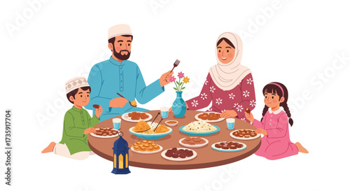Muslim Family Enjoying Iftar Meal Together at Round Table.