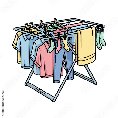 Clothes drying rack with various garments like shirts, pants, and socks hanging on it, isolated on transparent