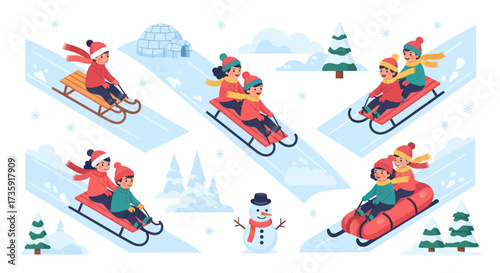 Happy Children and Adults Sledding Down Snowy Hills in Winter Fun Illustration.