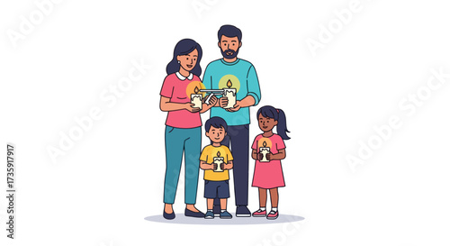 A diverse cartoon family of five including parents children and a baby holding lit candles.