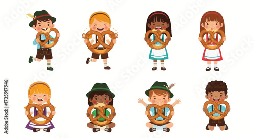 Cartoon Children Holding Pretzels in Traditional Bavarian Outfits.