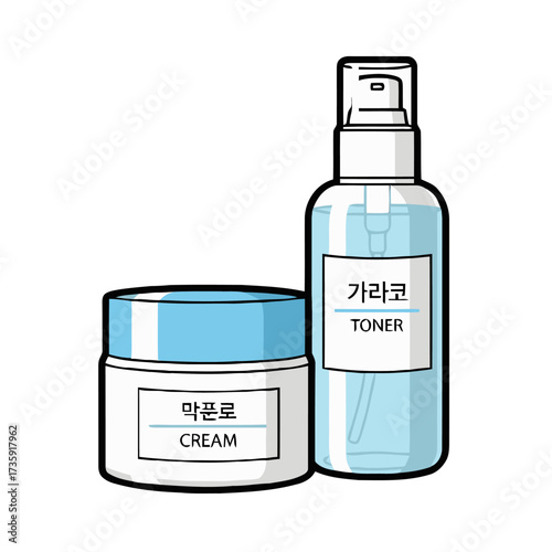 Set korean skincare products, including toner spray bottle and cream jar, both with blue accents and labels, suggesting beauty routine