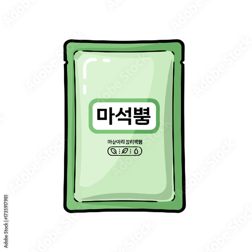 Singleuse sachet green facial mask, likely sheet mask, with korean text and small icons indicating ingredients or benefits, presented in clean, minimalist design