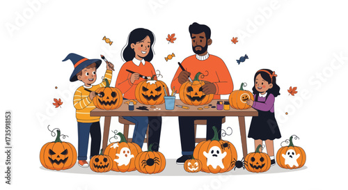 Family Carving Halloween Pumpkins Together Celebrating Autumn Season.