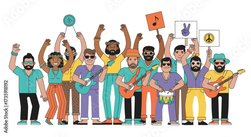 Cheerful Crowd of People Protesting with Signs and Instruments.