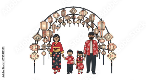 An illustrated Asian family of four in festive red attire under a decorative lantern arch.