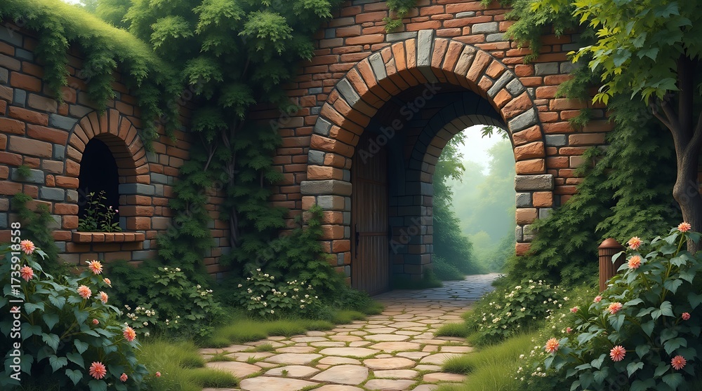 Fototapeta premium Medieval Brick Garden Arch with Ivy, Enchanted Village Fantasy Atmosphere