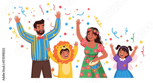 Cheerful Family Celebrating with Confetti and Joyful Expressions.